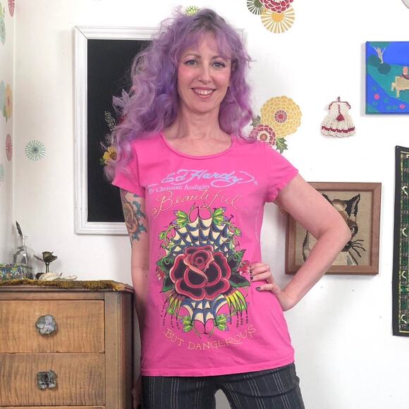 Ed Hardy Tops - Vintage Pink Ed Hardy Tee, y2k Tattoo Art Style Rose Spiderweb T-Shirt Sz L